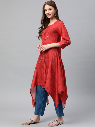 Neeru's Red Printed High Low Kurta