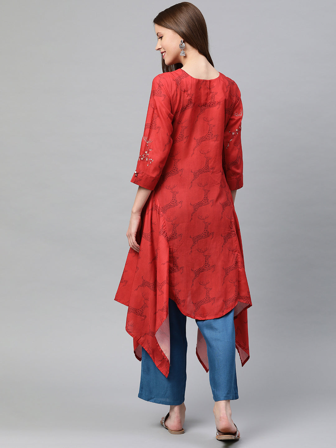 Neeru's Red Printed High Low Kurta