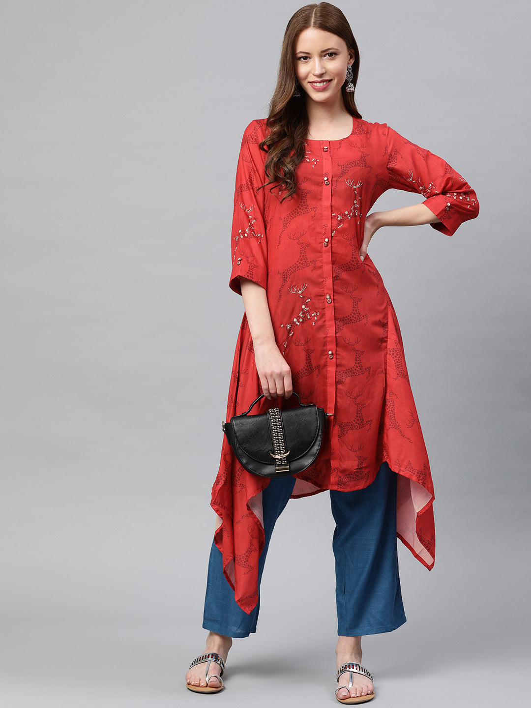 Neeru's Red Printed High Low Kurta