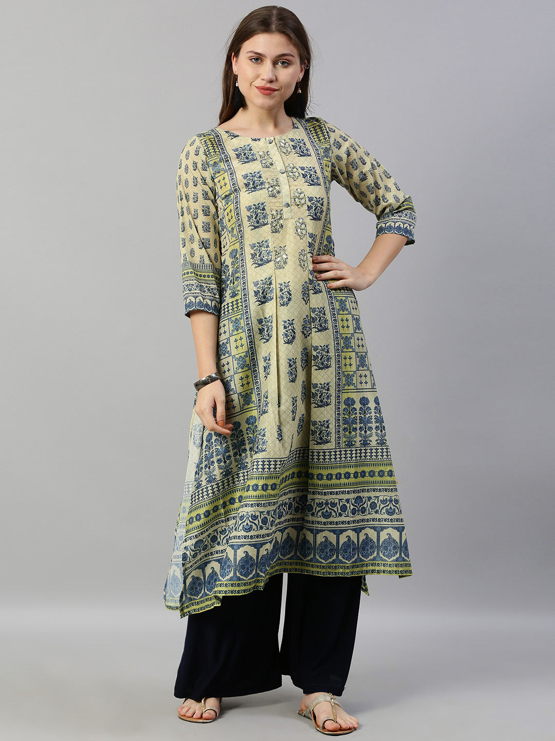 Neeru's Beige Embroidered A Line Kurta