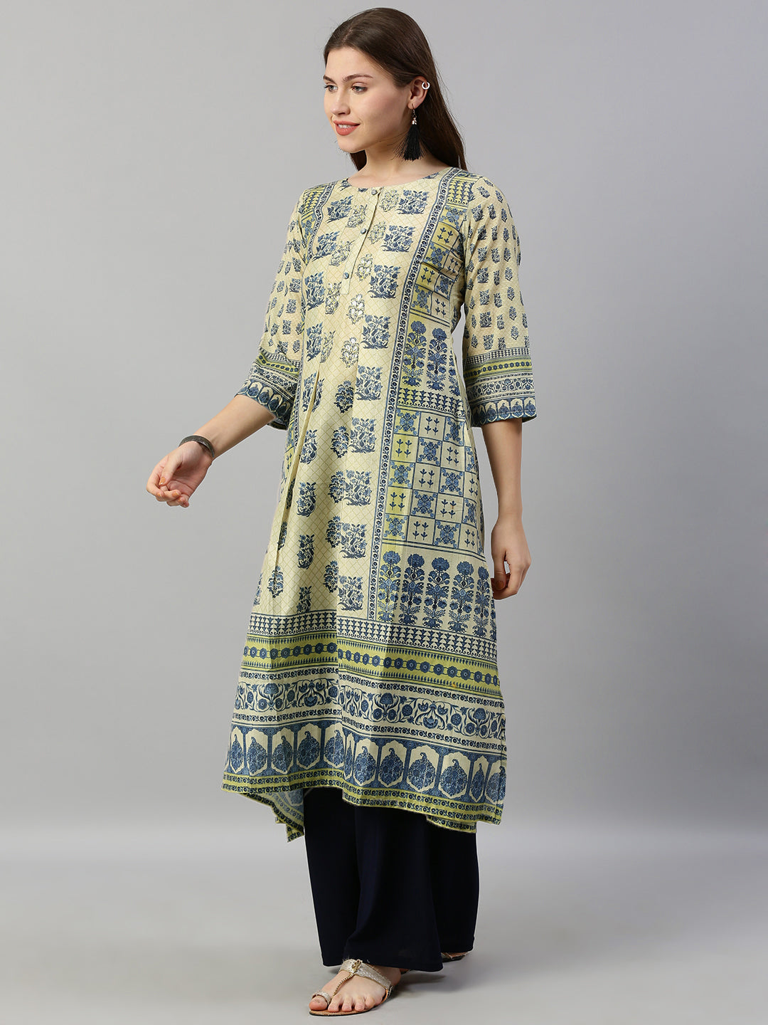 Neeru's Beige Embroidered A Line Kurta