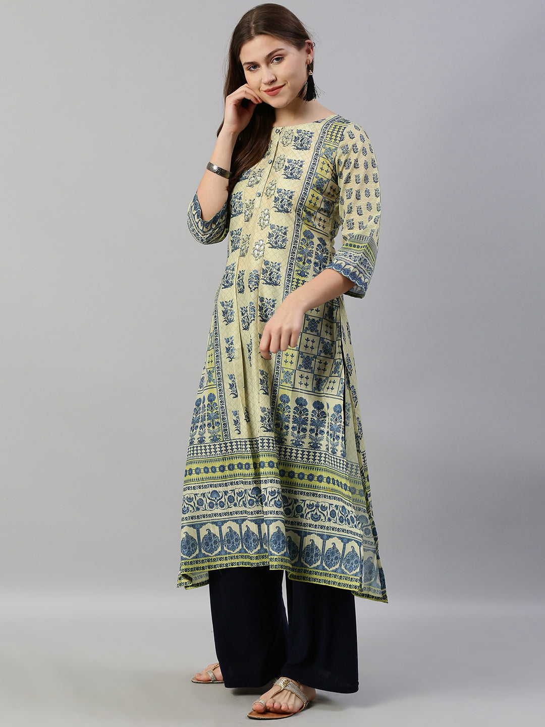 Neeru's Beige Embroidered A Line Kurta