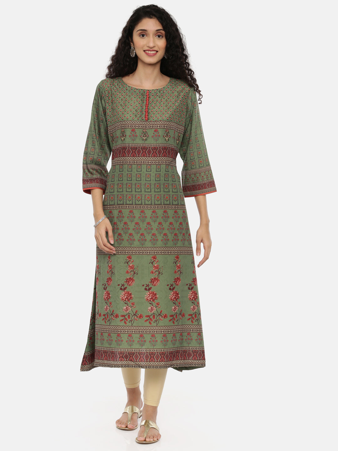 Neeru's Green Printed A Line Kurta