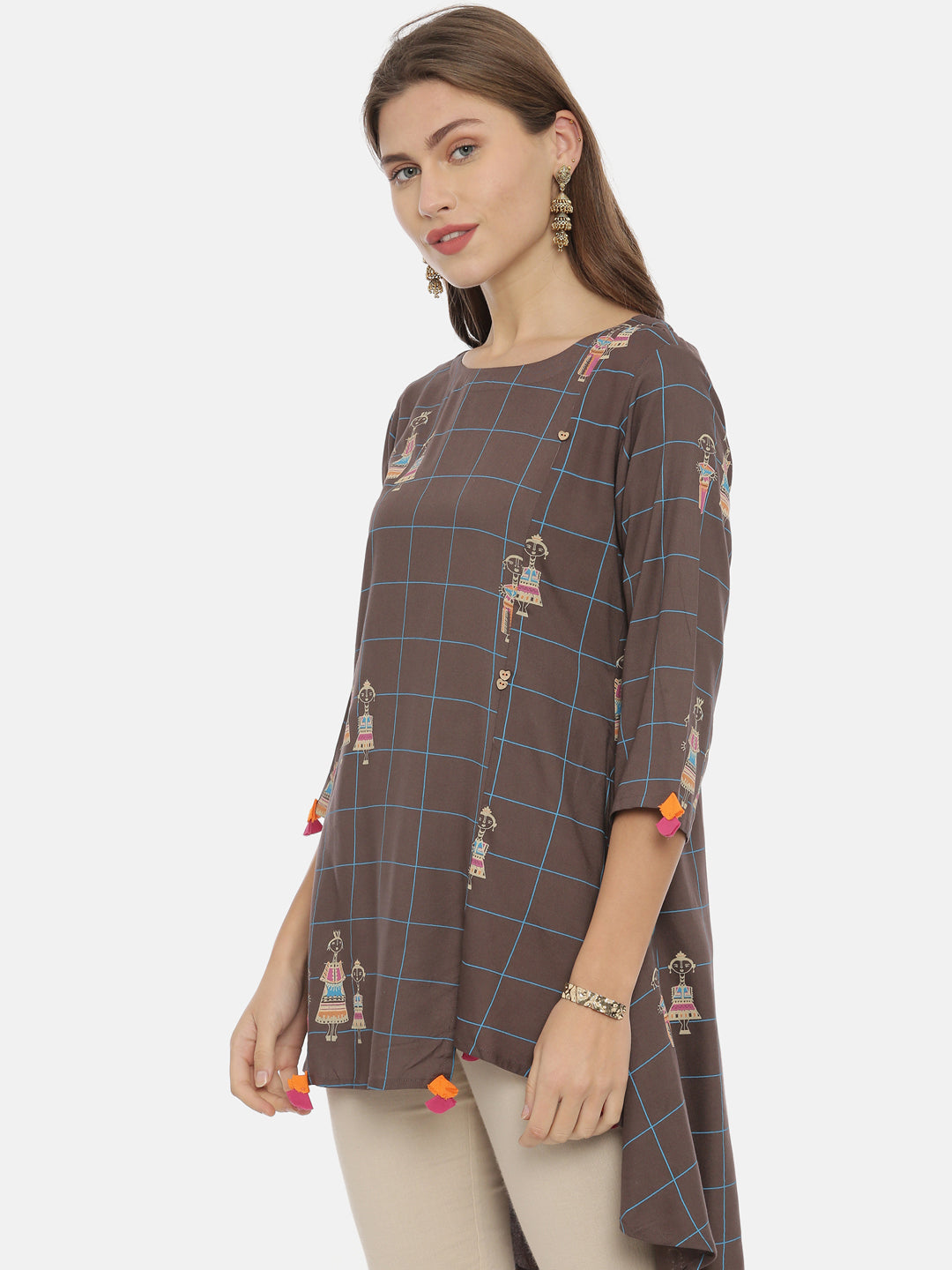 Neeru's Brown Printed High Low Kurti