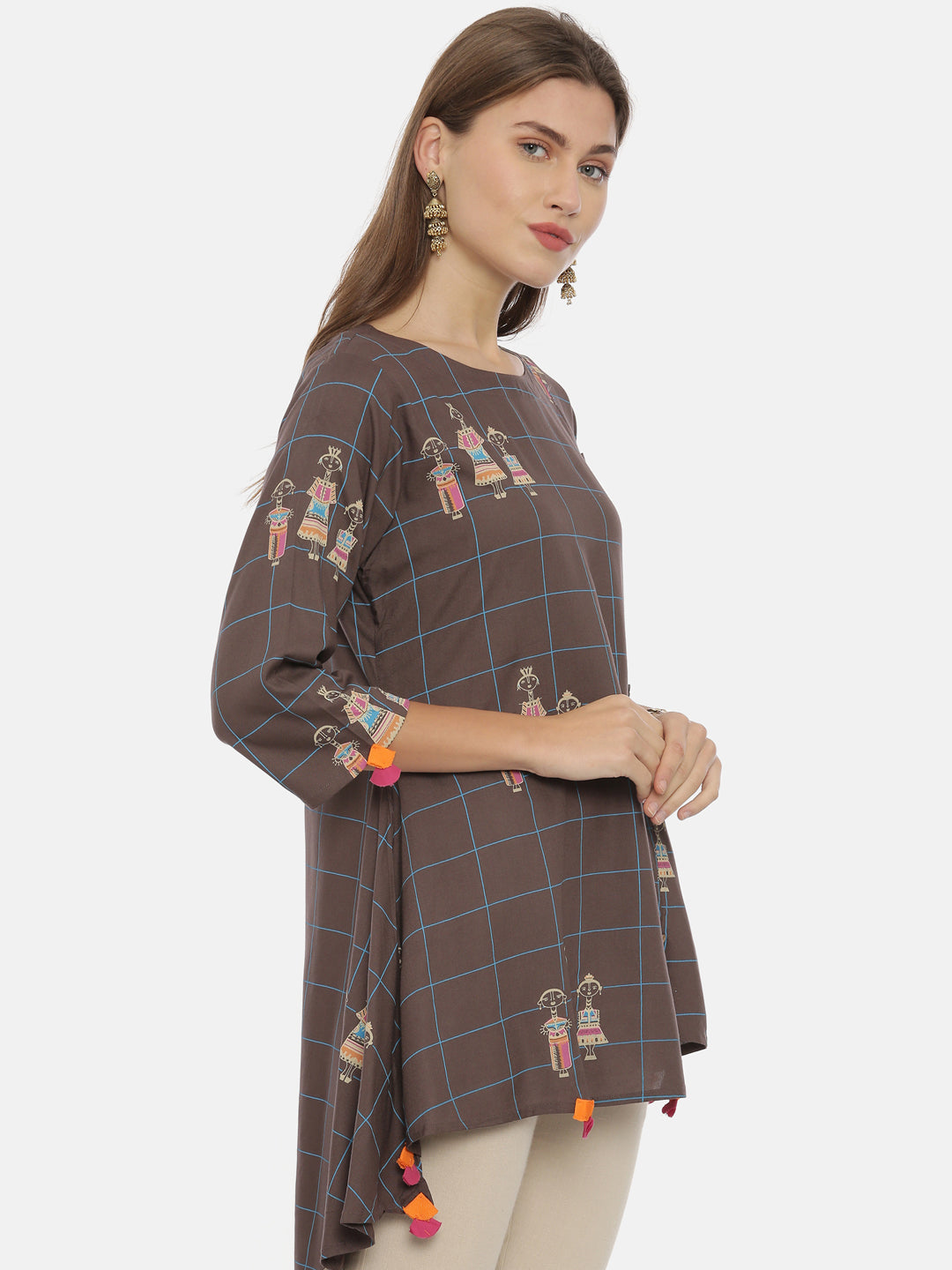 Neeru's Brown Printed High Low Kurti