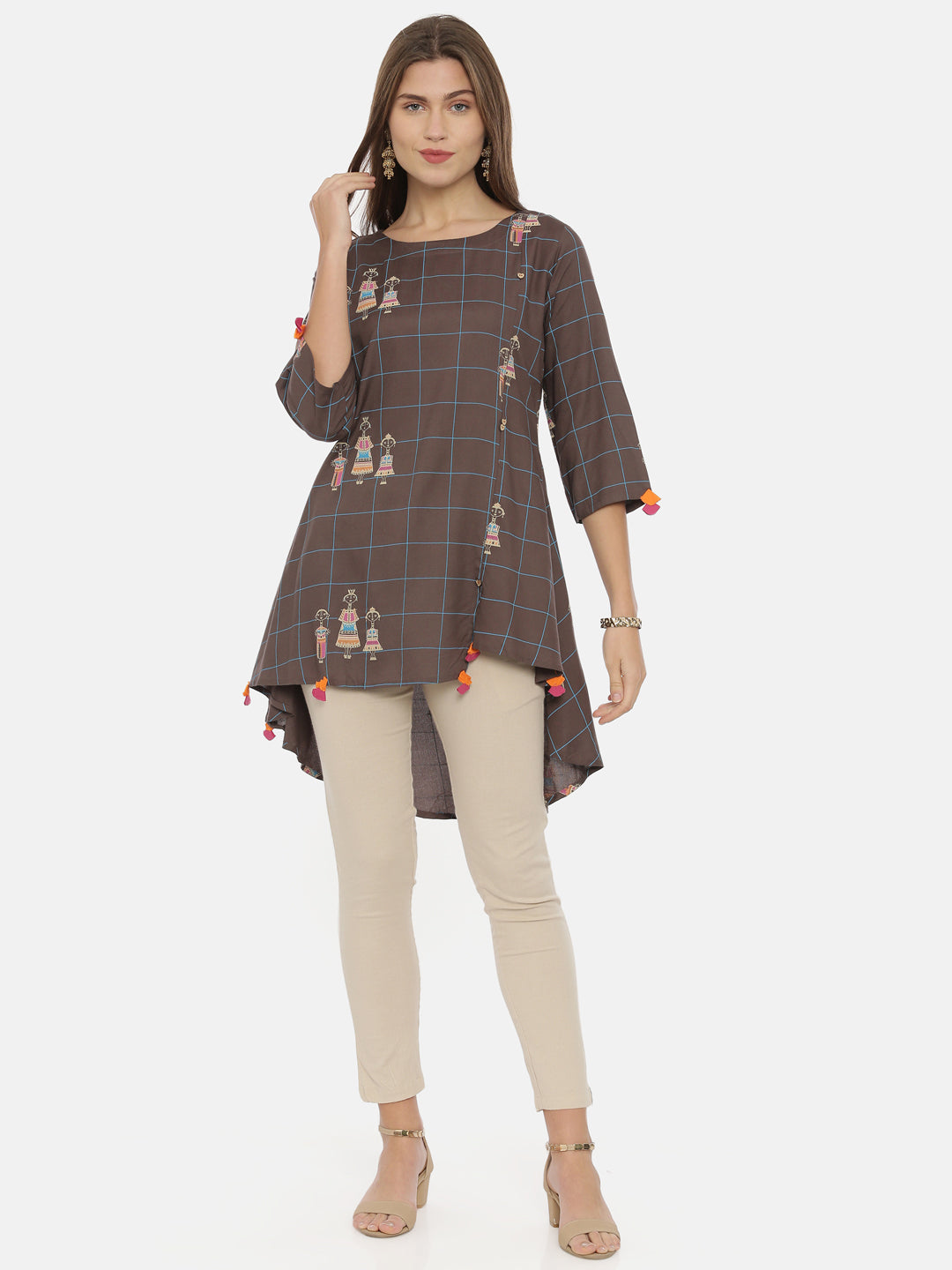 Neeru's Brown Printed High Low Kurti