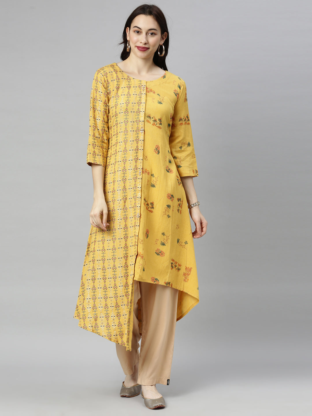 Neeru's Yellow Printed High Low Kurta