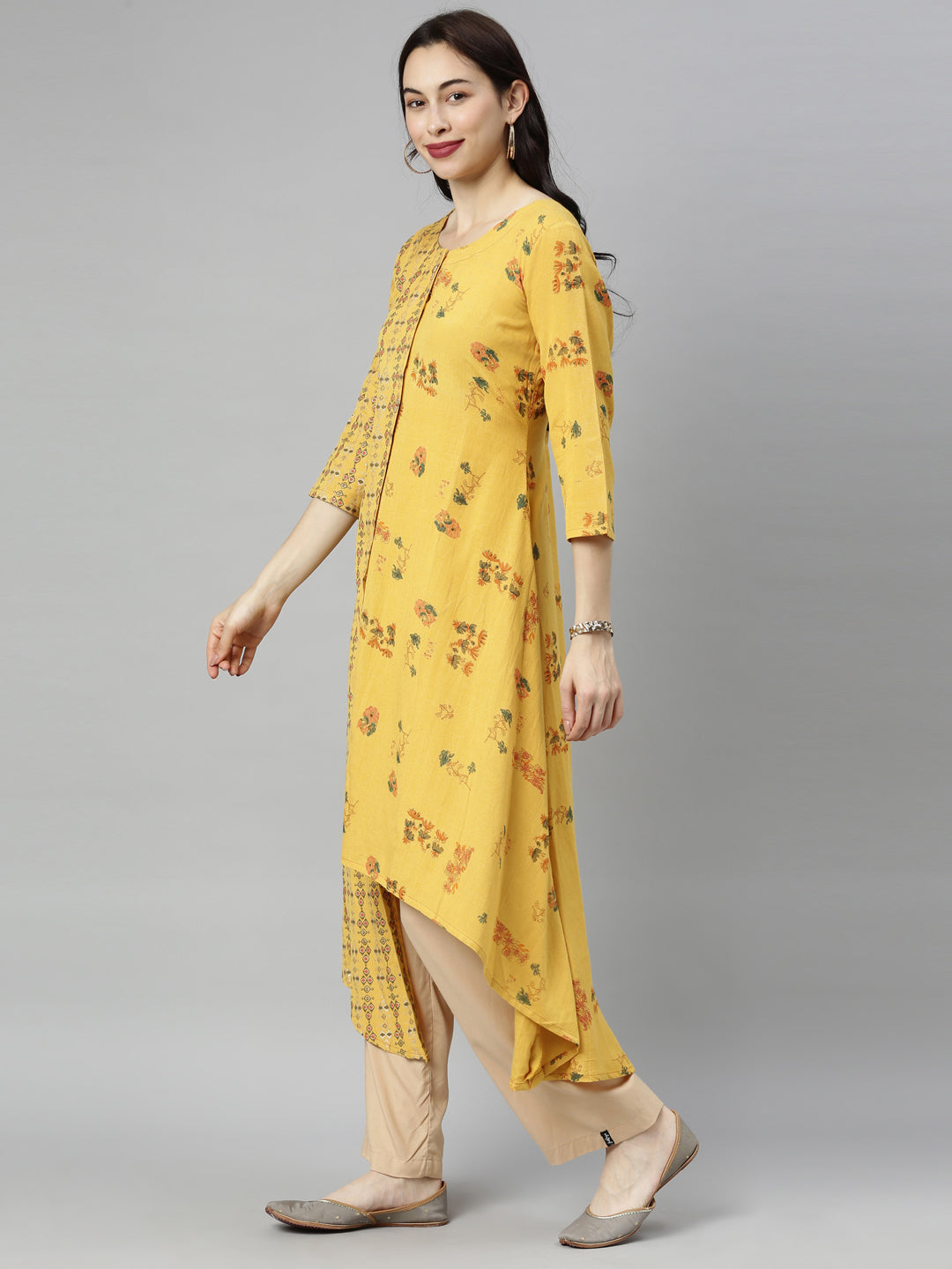 Neeru's Yellow Printed High Low Kurta