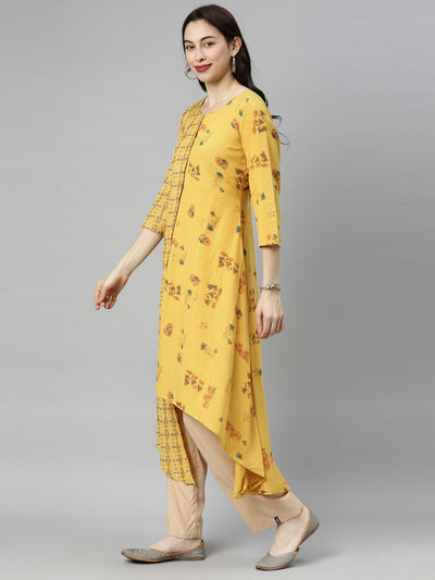 Neeru's Yellow Printed High Low Kurta