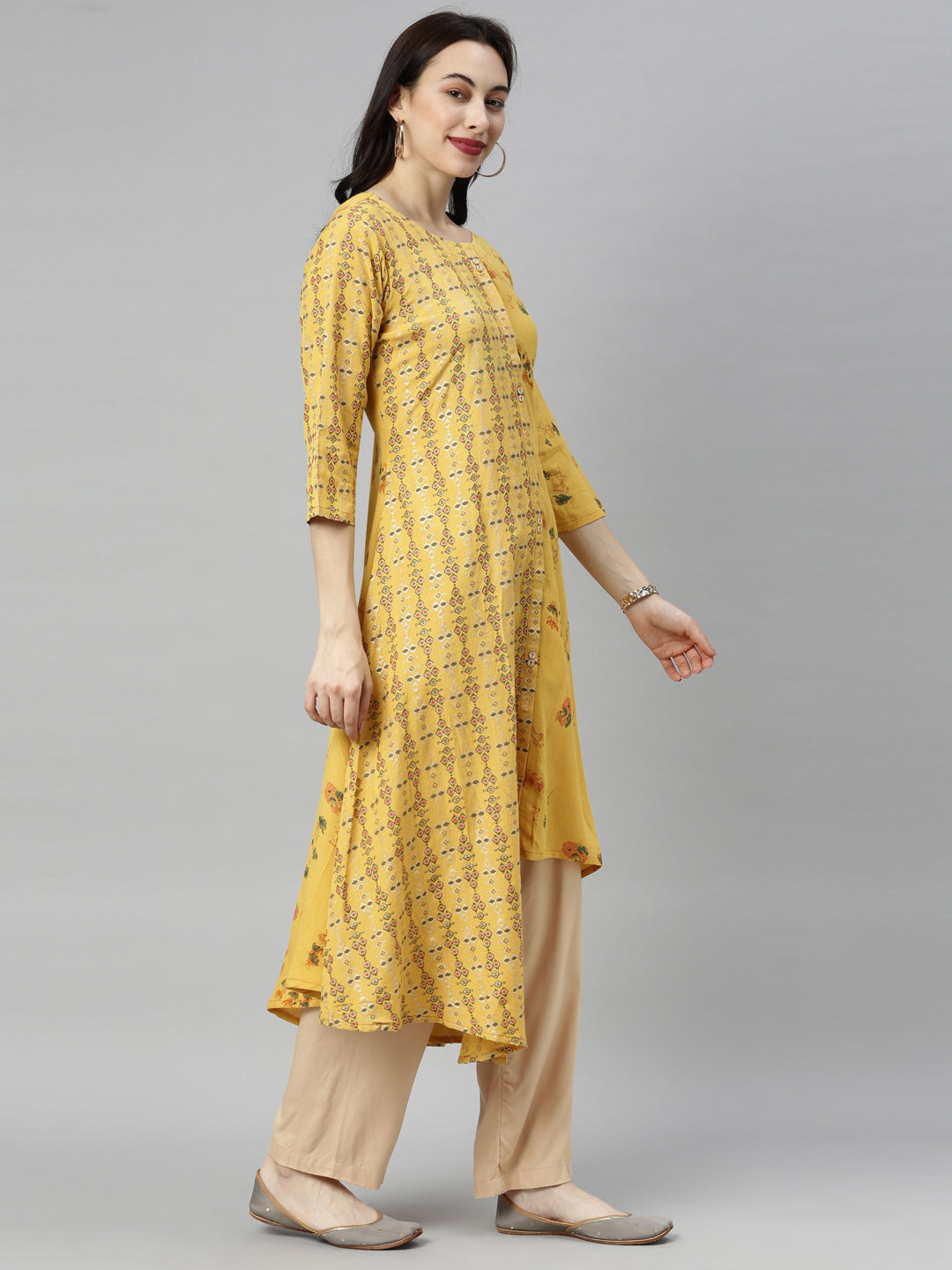 Neeru's Yellow Printed High Low Kurta