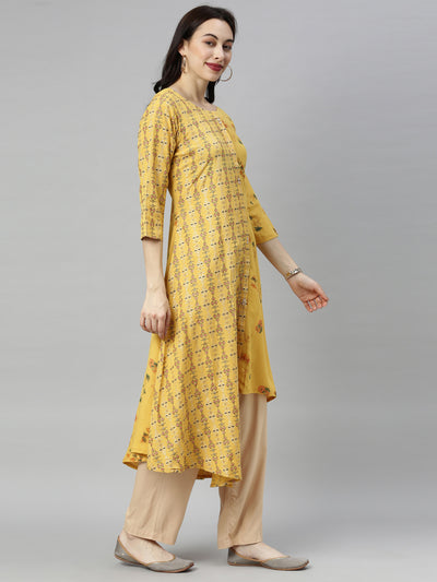 Neeru's Yellow Printed High Low Kurta