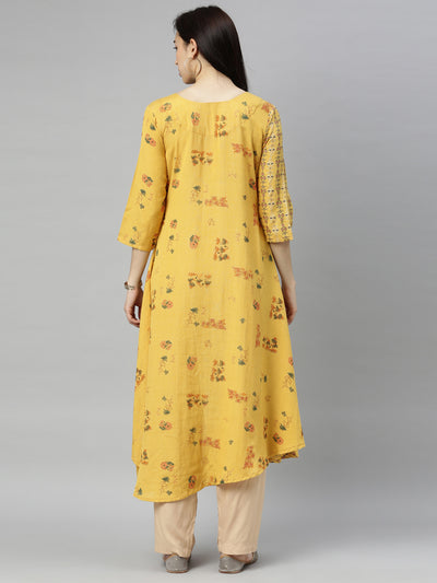 Neeru's Yellow Printed High Low Kurta