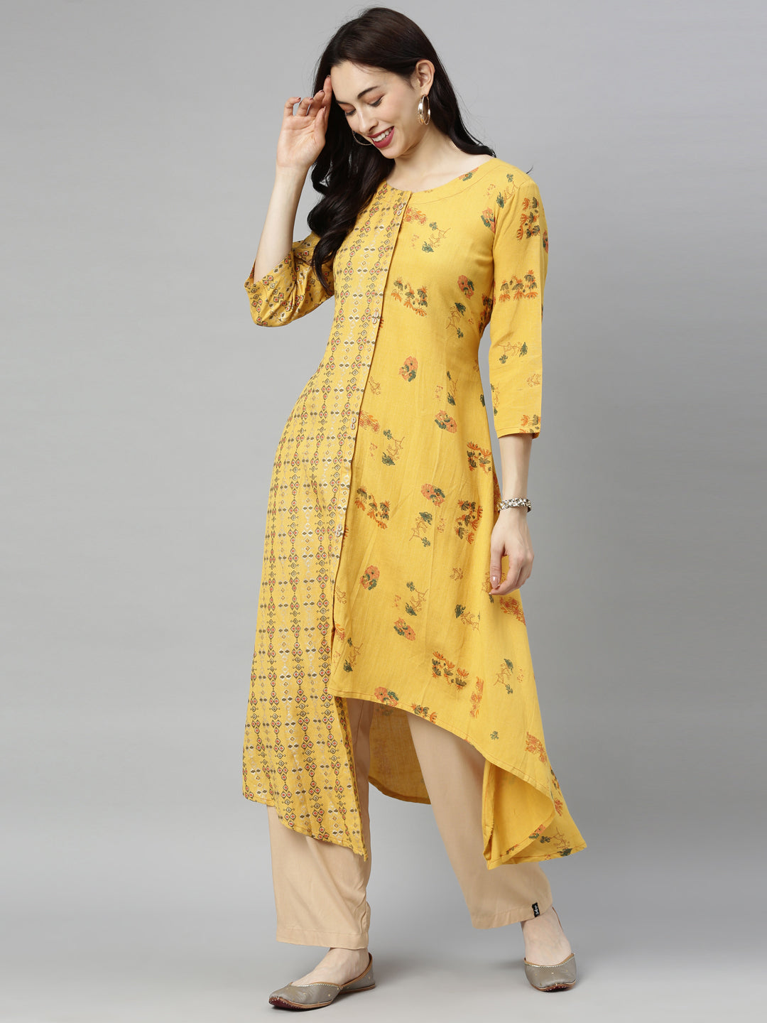 Neeru's Yellow Printed High Low Kurta