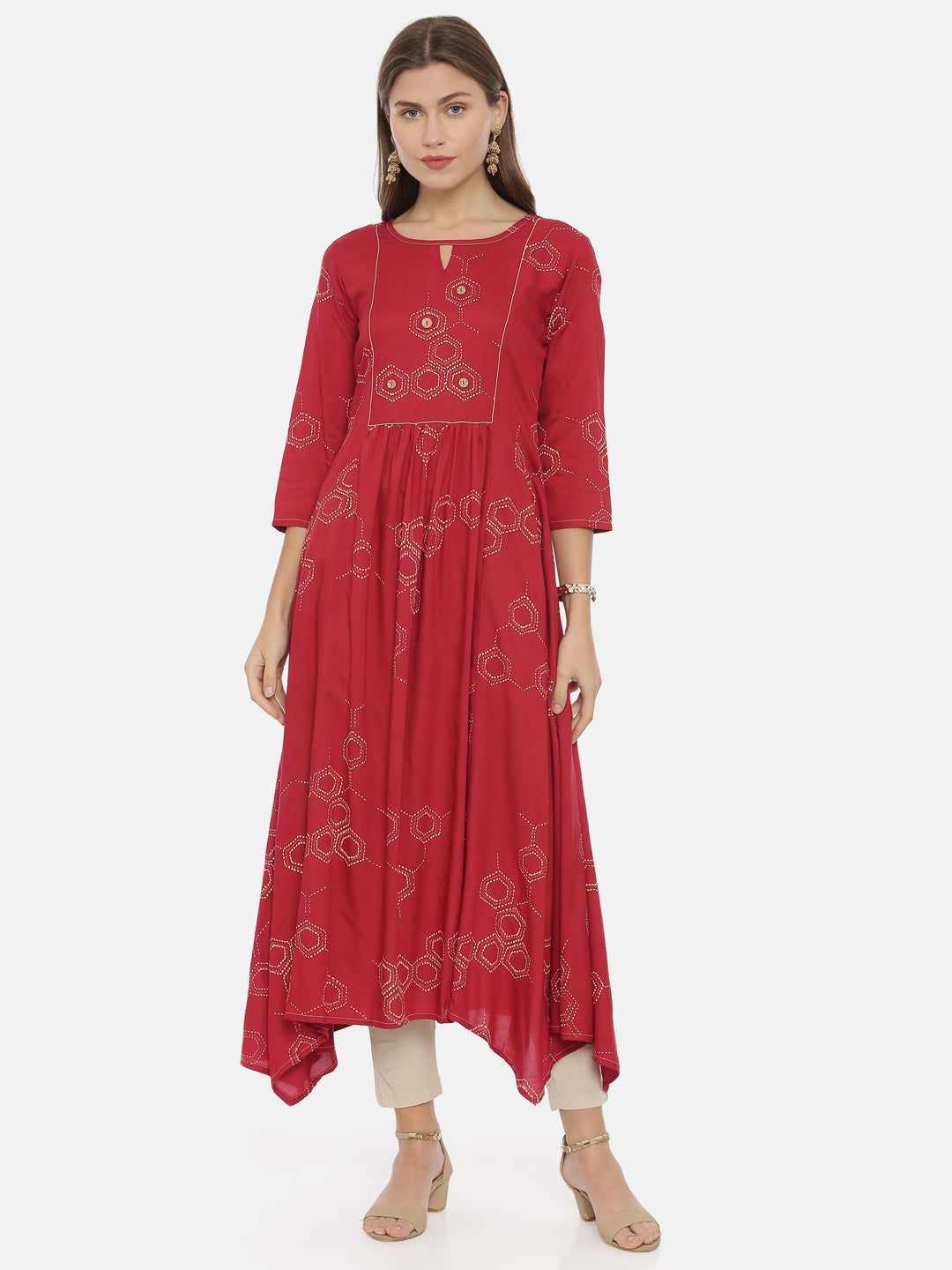 Neeru's Red Printed High Low Kurta