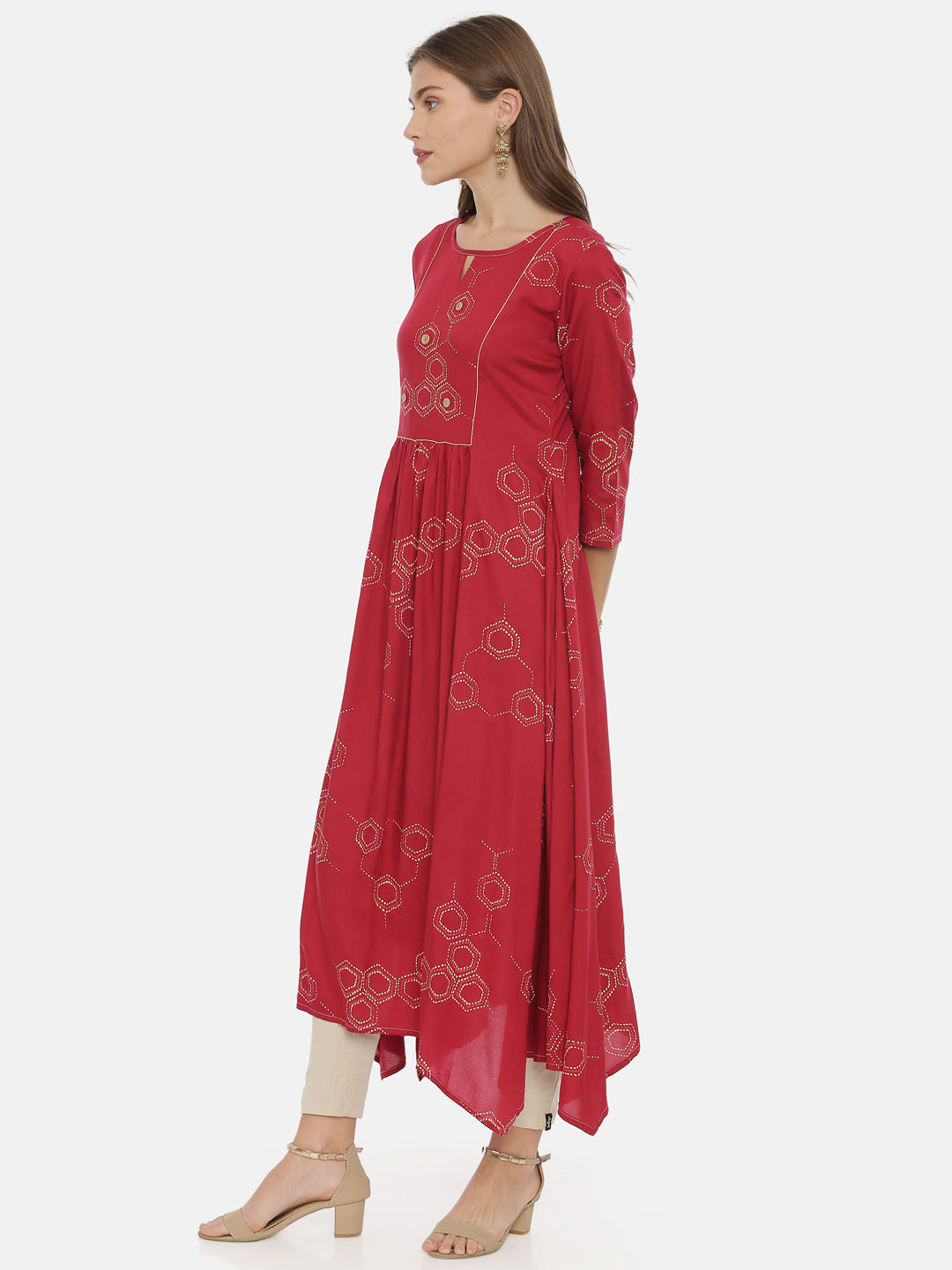 Neeru's Red Printed High Low Kurta