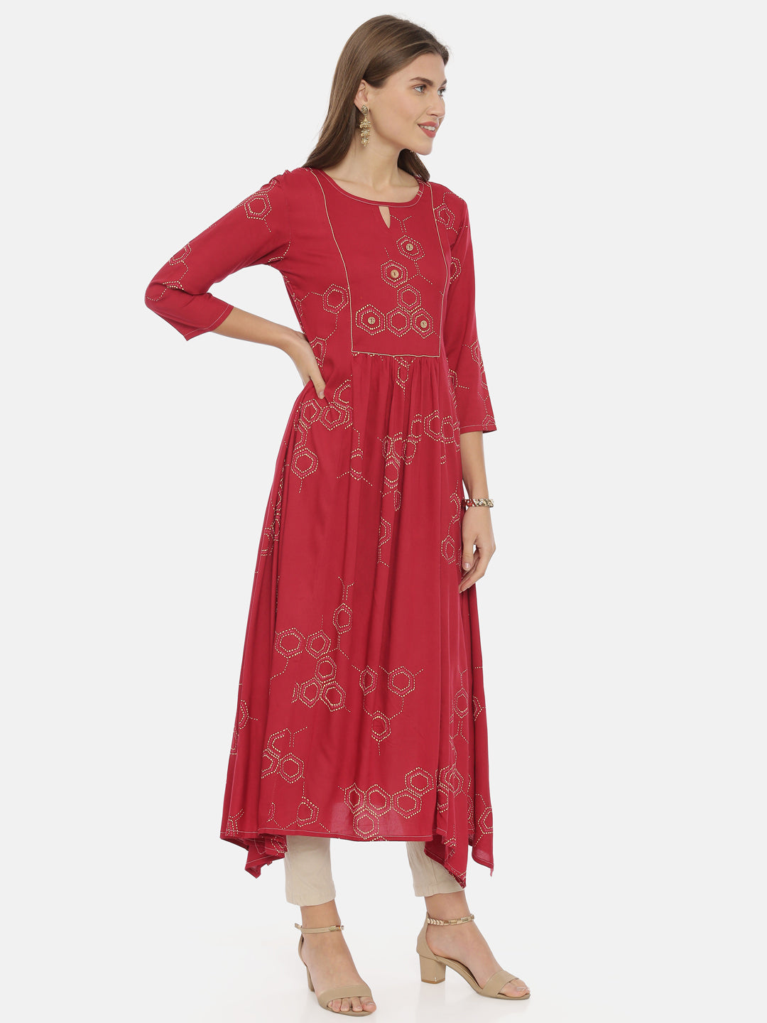 Neeru's Red Printed High Low Kurta