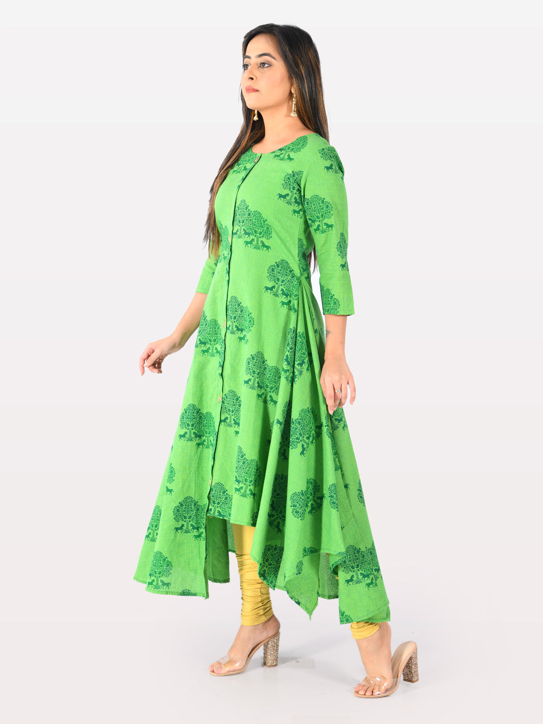 Neeru's Green Printed High Low Kurta