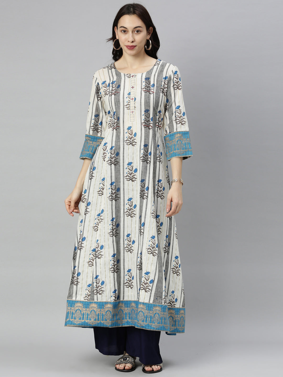 Neeru's Grey Embroidered Flared Kurta