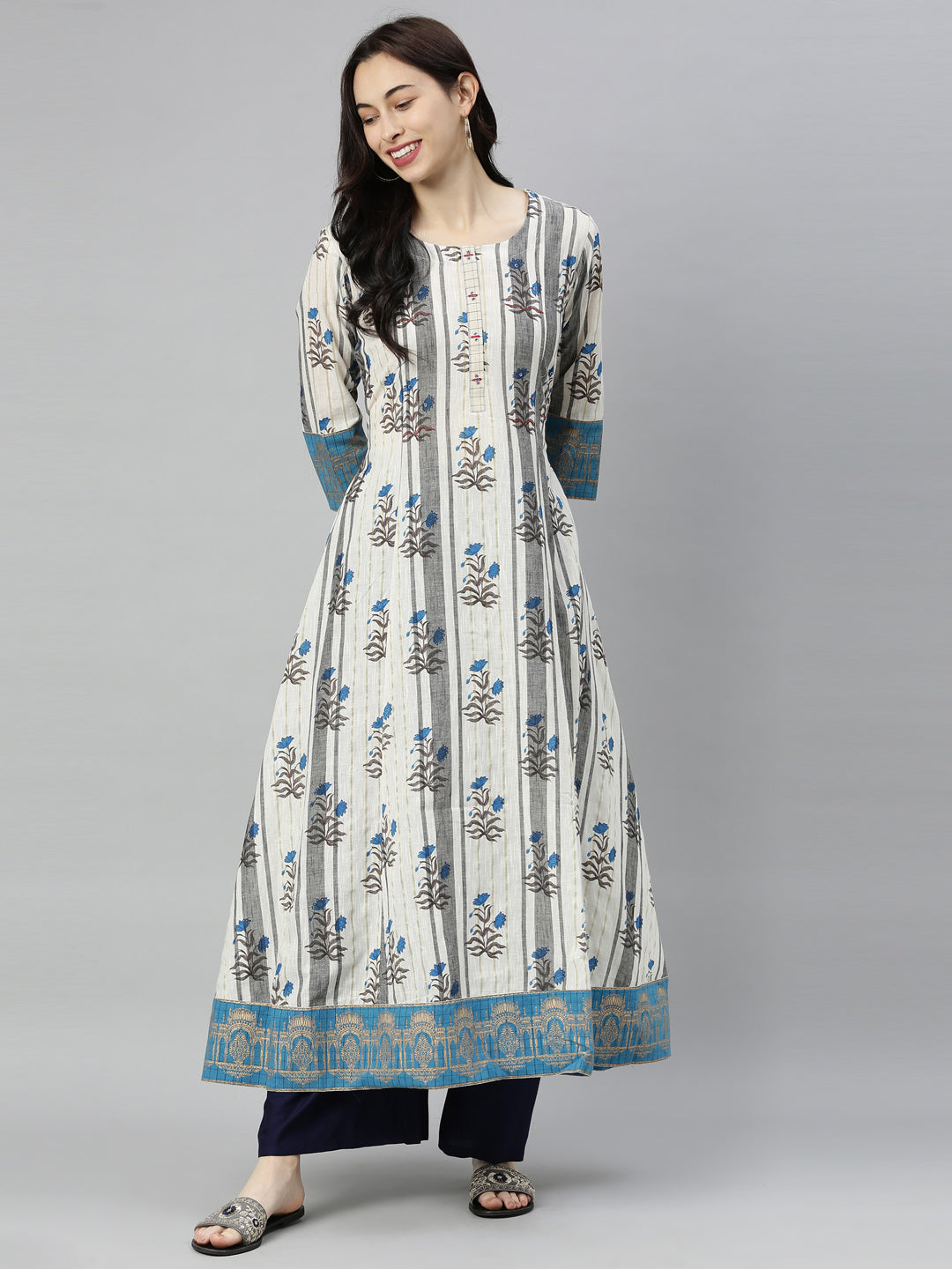 Neeru's Grey Embroidered Flared Kurta