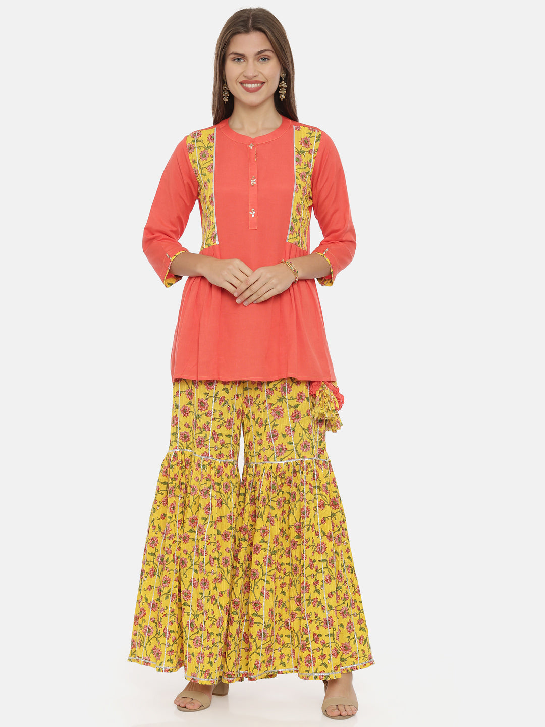 Neeru's Coral Printed Flared Kurti