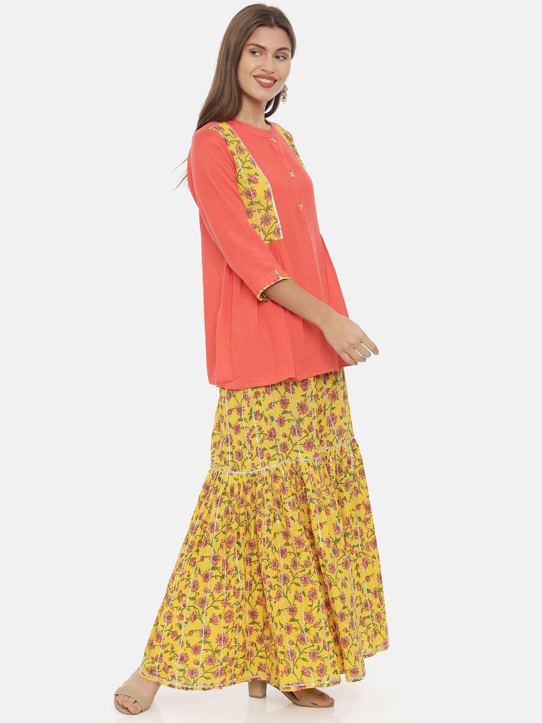 Neeru's Coral Printed Flared Kurti