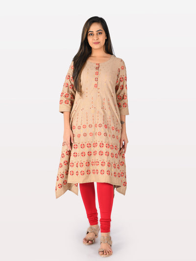 Neeru's Beige Printed High Low Kurta