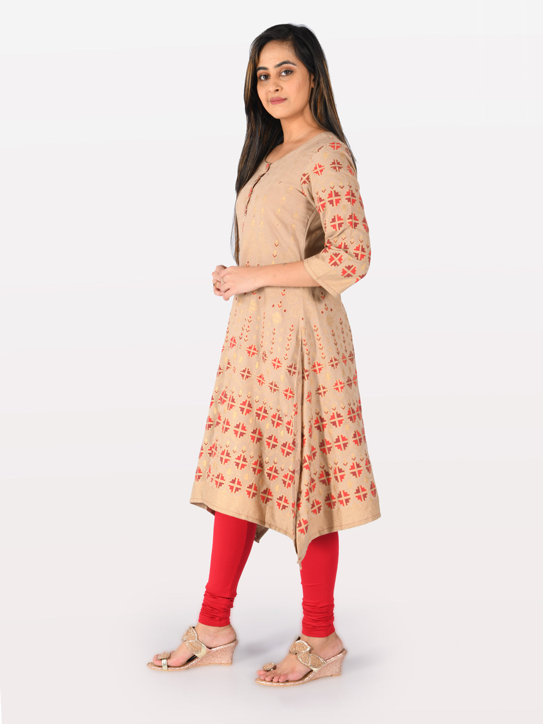 Neeru's Beige Printed High Low Kurta