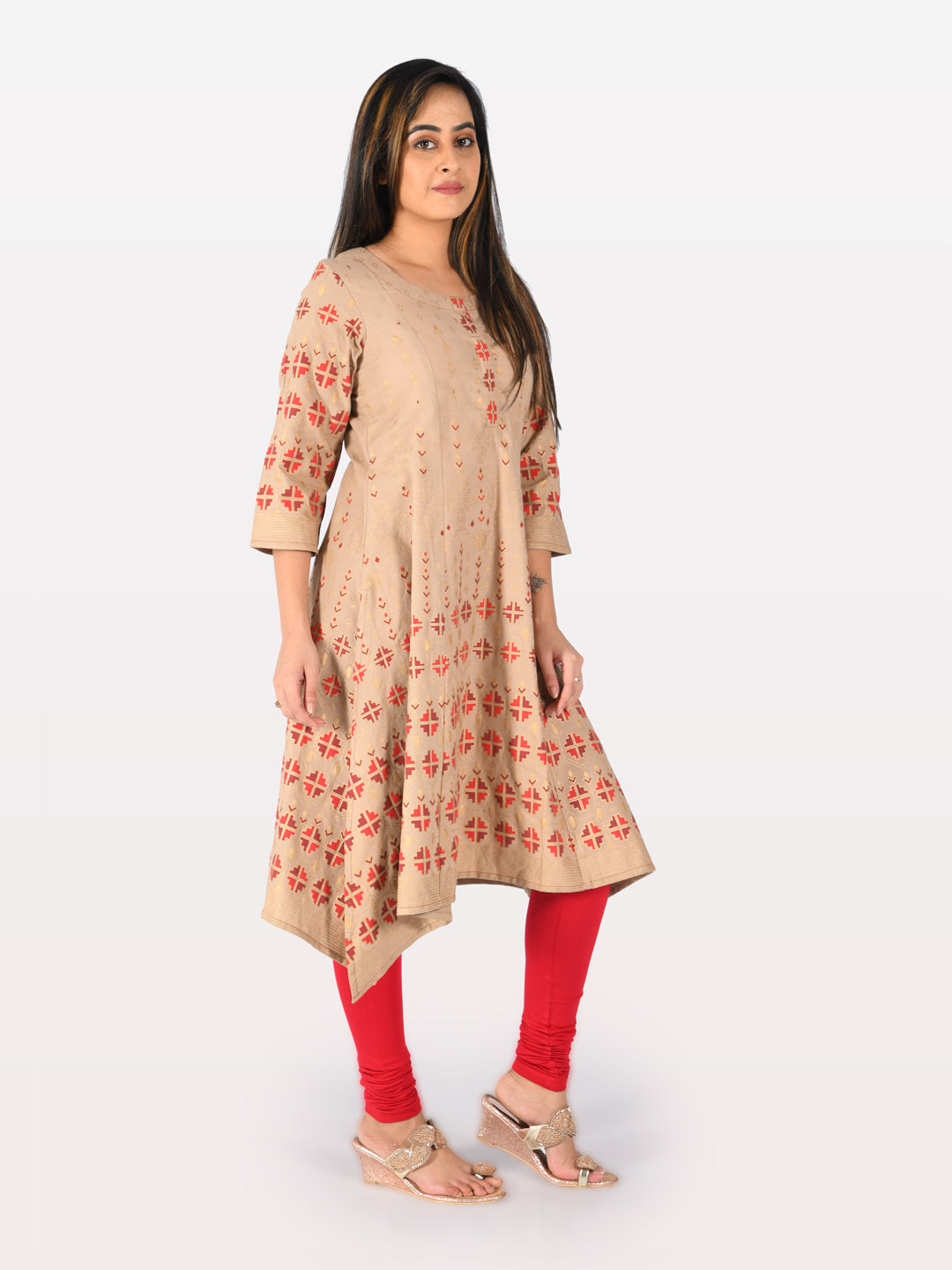 Neeru's Beige Printed High Low Kurta