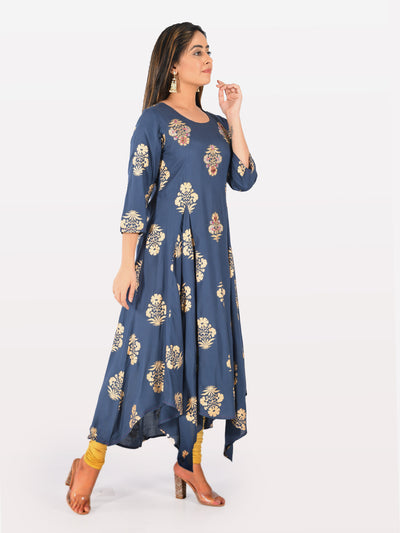 Neeru's Blue Printed High Low Kurta