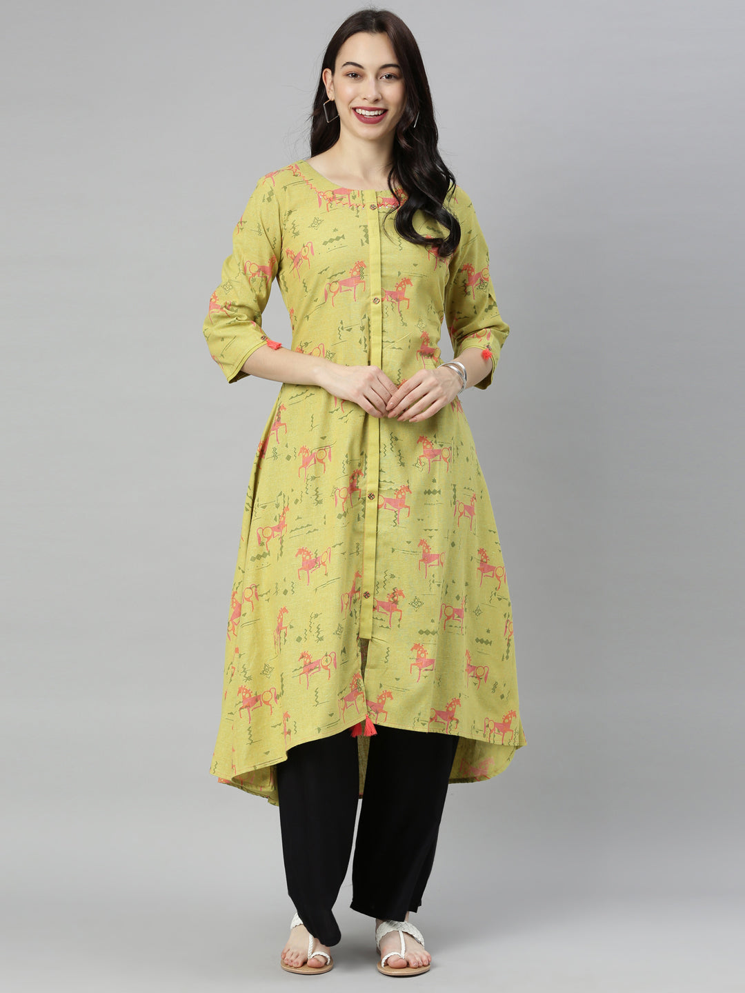 Neeru's Green Printed High Low Kurta