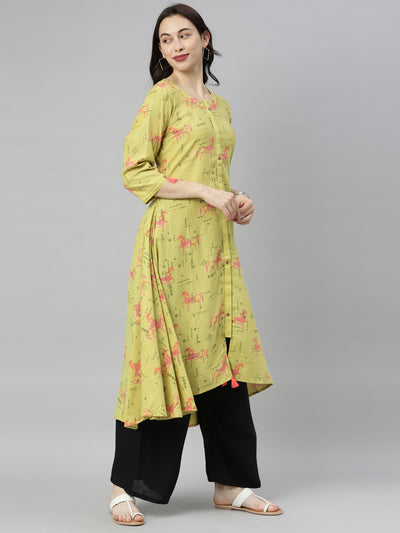 Neeru's Green Printed High Low Kurta