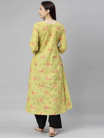 Neeru's Green Printed High Low Kurta