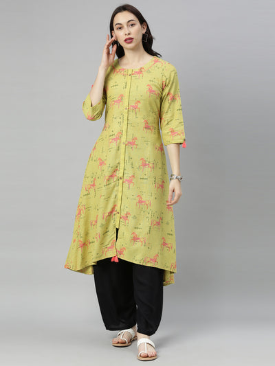 Neeru's Green Printed High Low Kurta