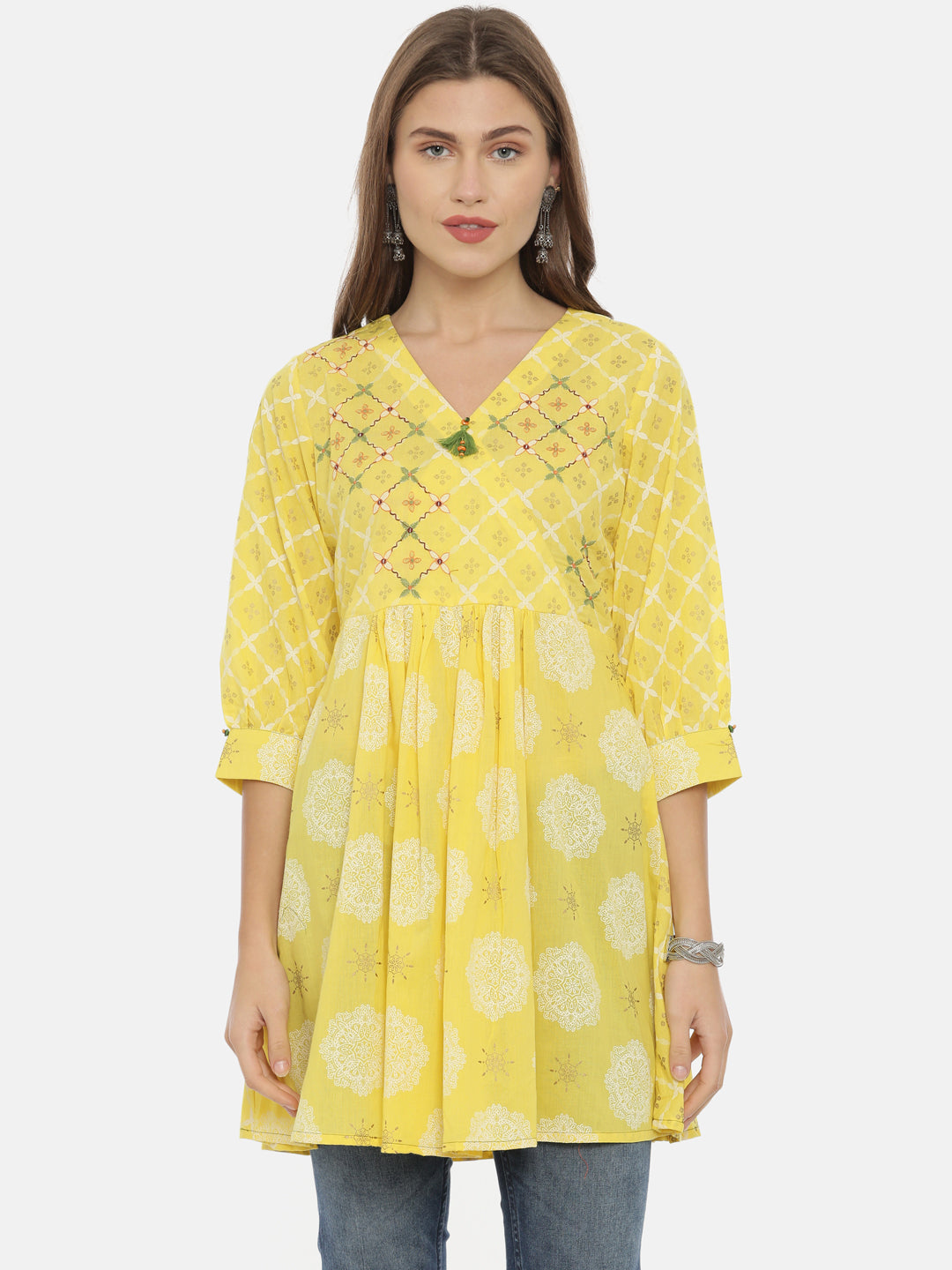 Neeru's Yellow Printed Flared Kurta