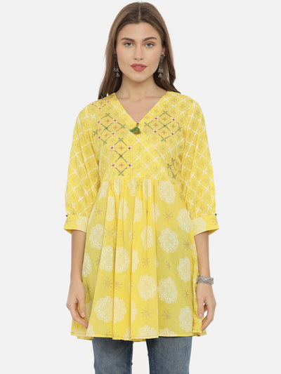 Neeru's Yellow Printed Flared Kurta