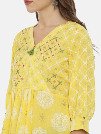 Neeru's Yellow Printed Flared Kurta