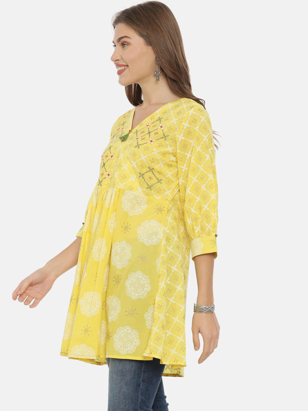 Neeru's Yellow Printed Flared Kurta