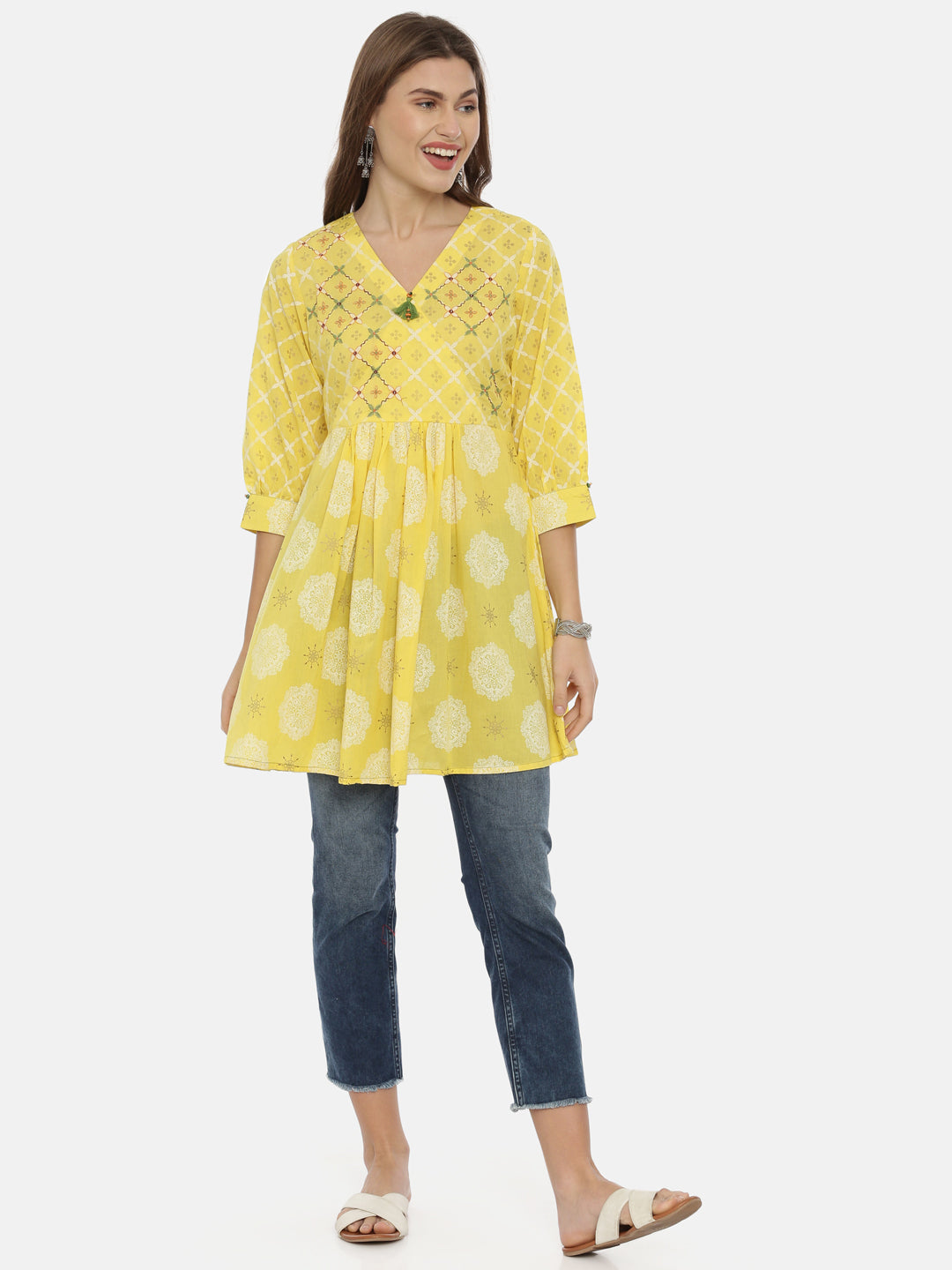 Neeru's Yellow Printed Flared Kurta