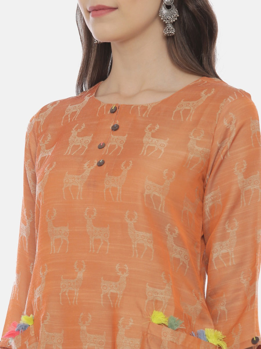 Neeru's Rust Printed High Low Kurta