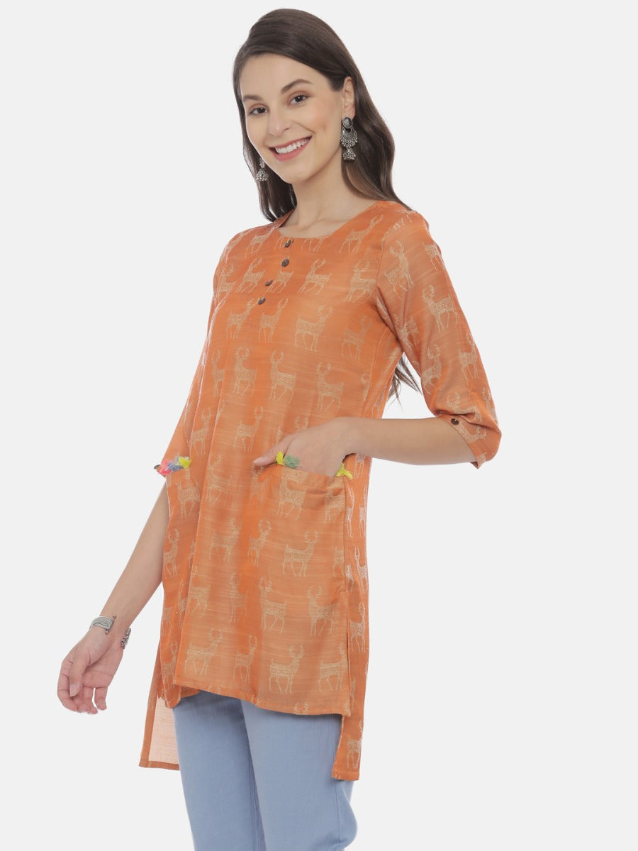 Neeru's Rust Printed High Low Kurta