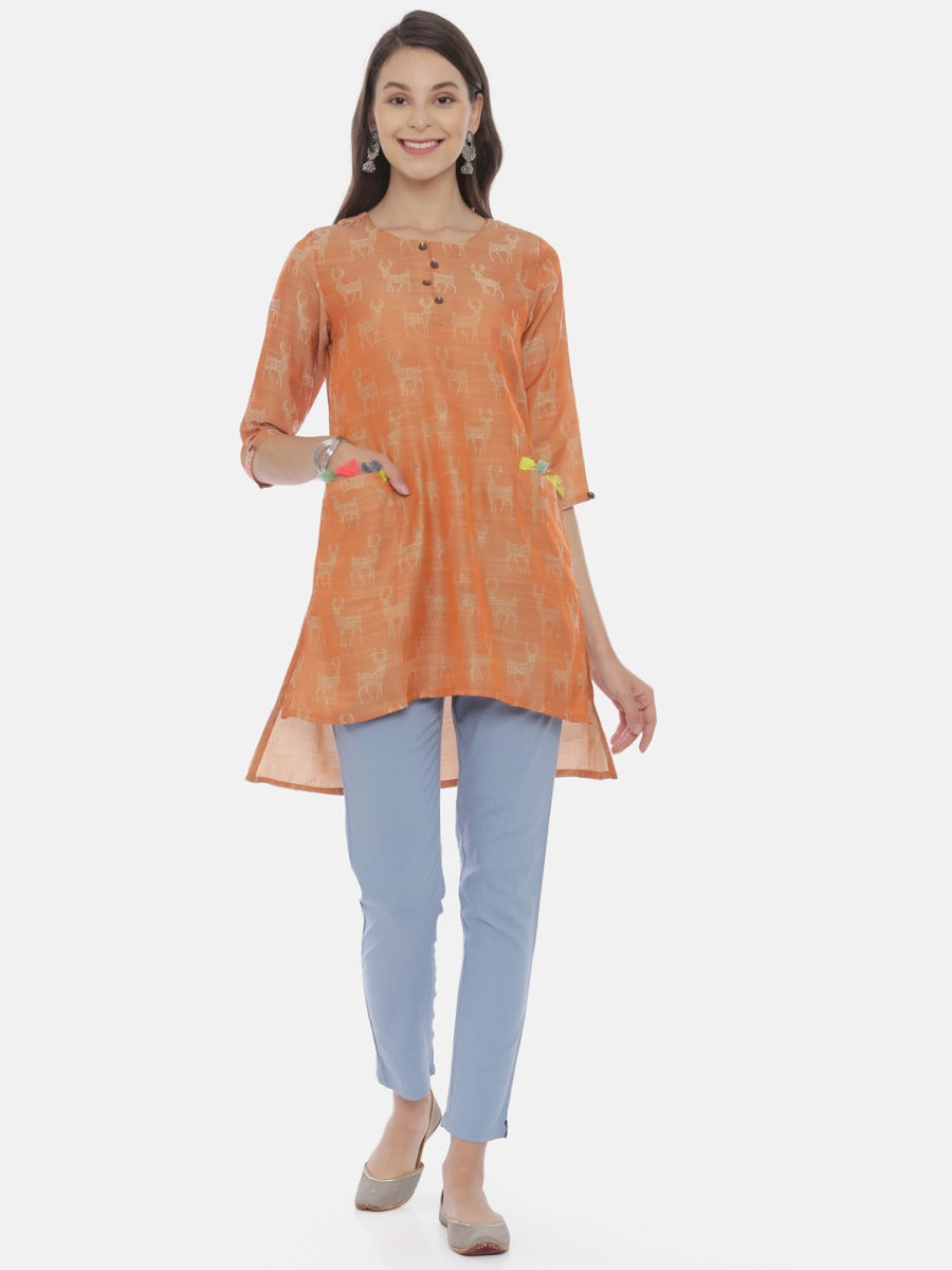 Neeru's Rust Printed High Low Kurta