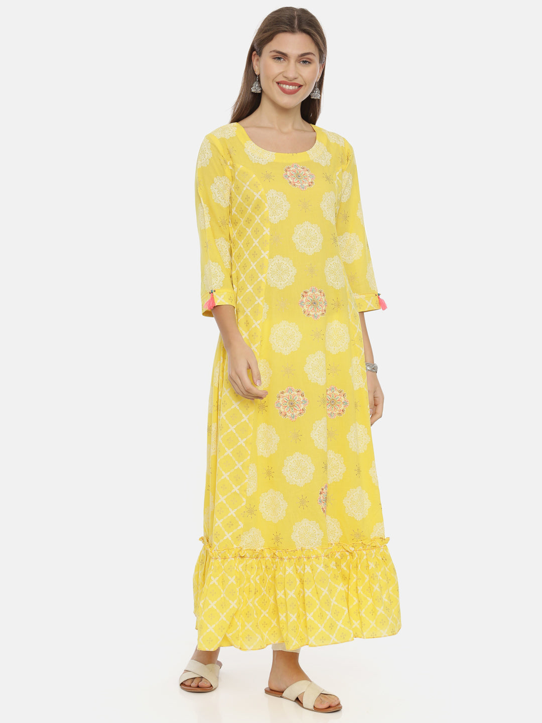 Neeru's Yellow Printed Anarkali Kurta