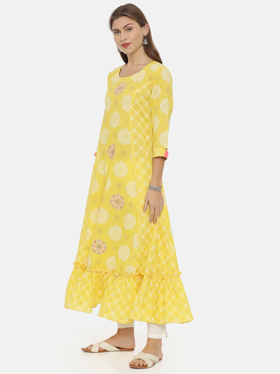 Neeru's Yellow Printed Anarkali Kurta