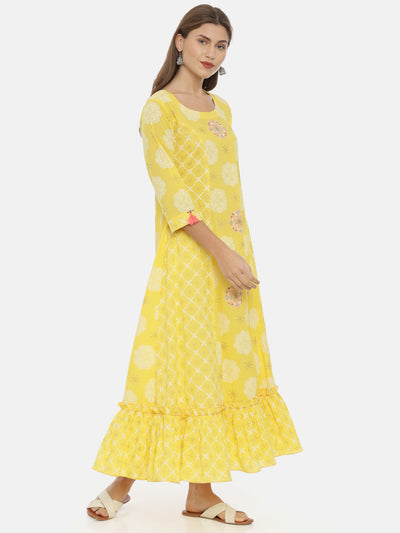 Neeru's Yellow Printed Anarkali Kurta