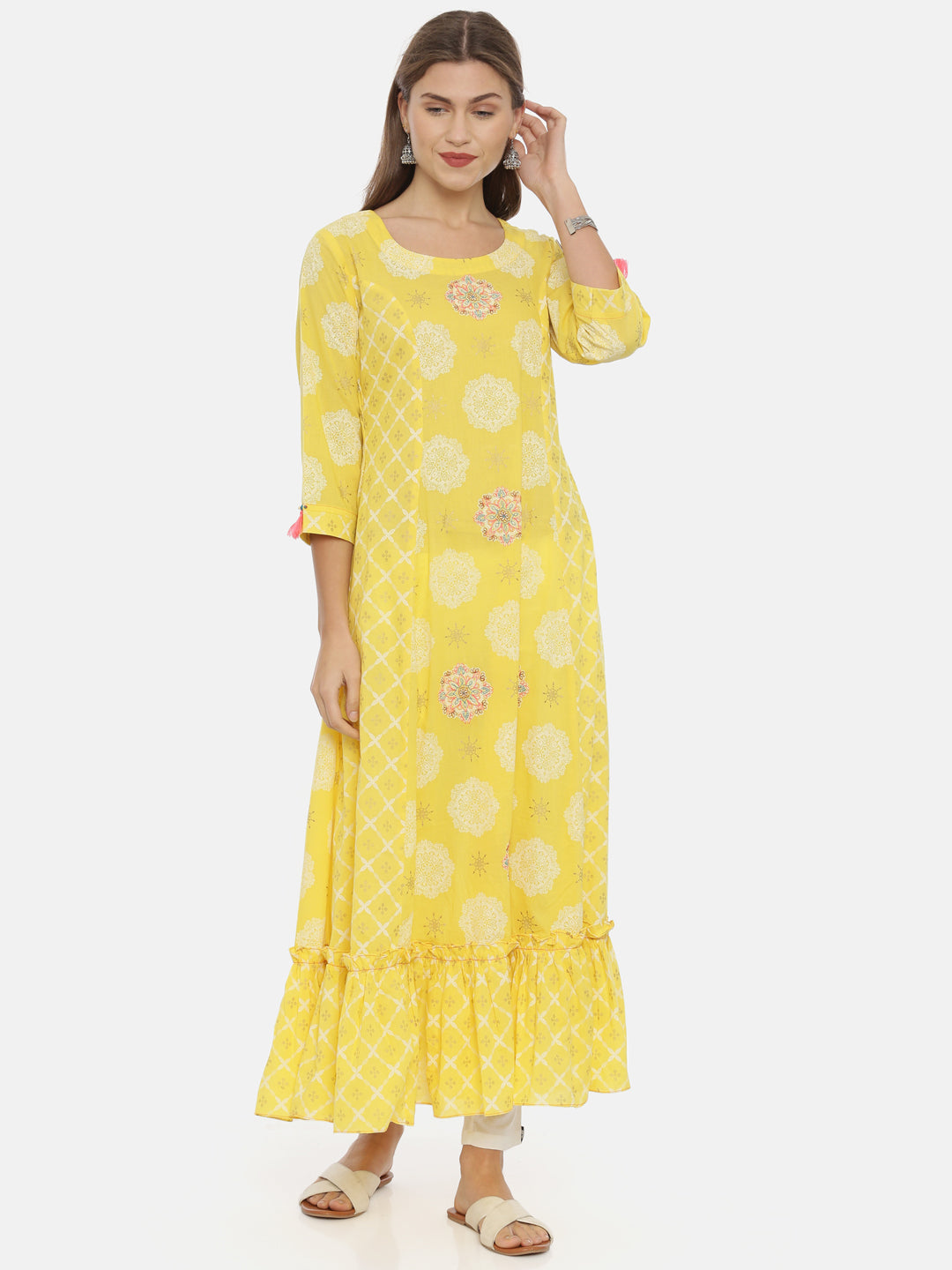 Neeru's Yellow Printed Anarkali Kurta