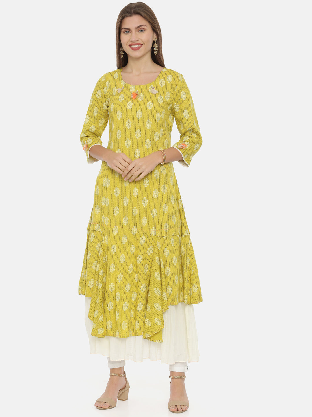 Neeru's Yellow Printed High Low Kurta