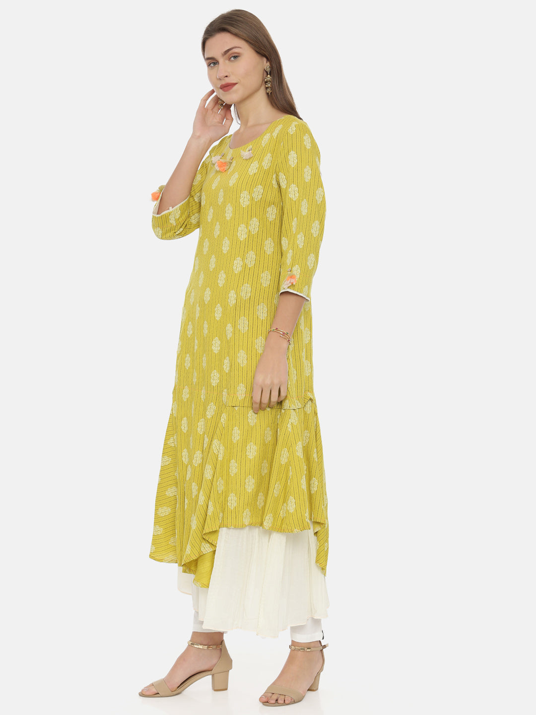 Neeru's Yellow Printed High Low Kurta