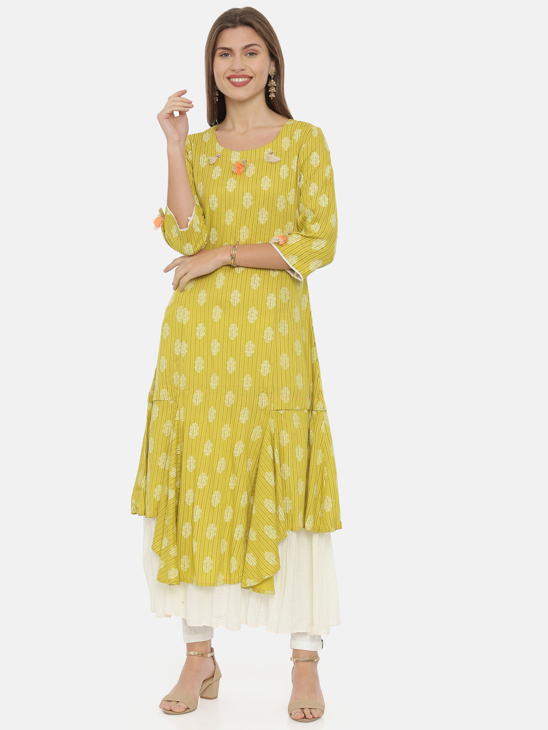 Neeru's Yellow Printed High Low Kurta