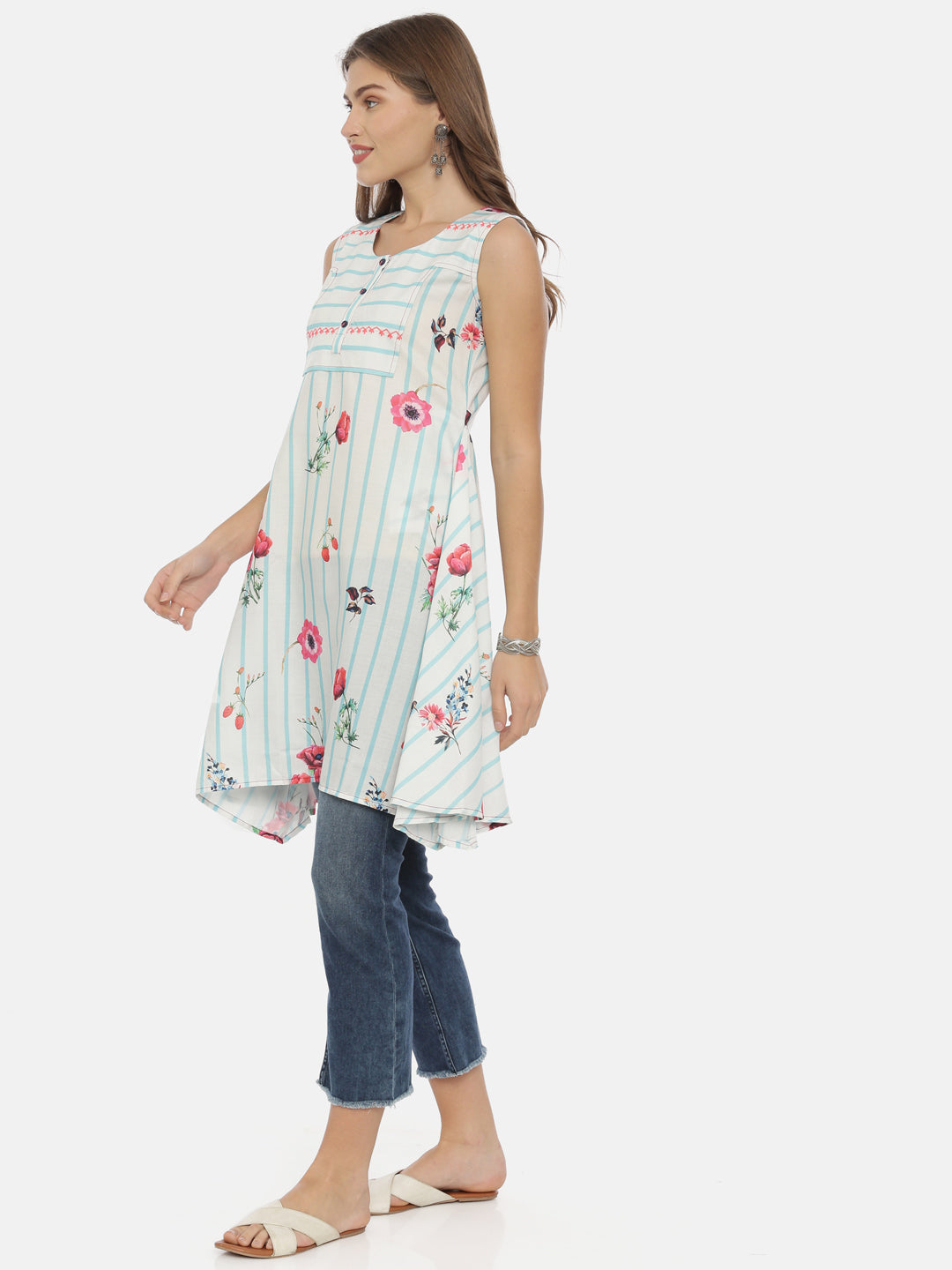 Neeru's White Printed High Low Kurta