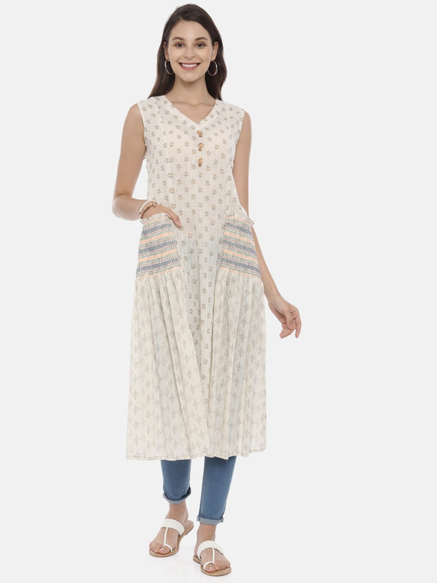 Neeru's Off White Printed A Line Kurta